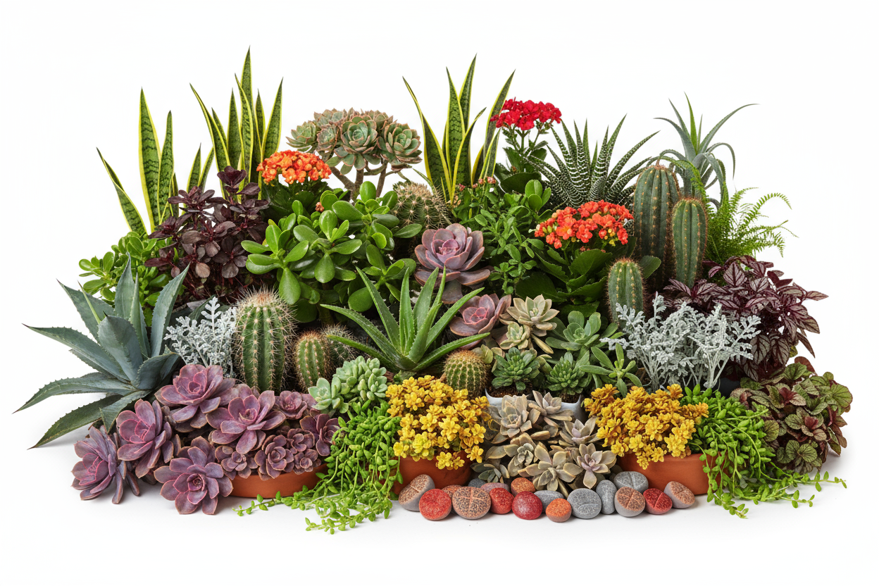 Create a 3:1 width to height ratio image with at least 20 different types of plants sold on my website. They should have a wide range of colour with different textures and shapes